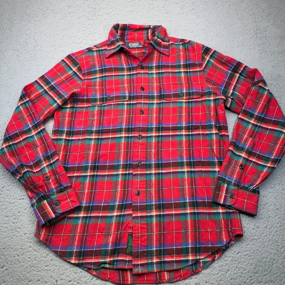 Polo Ralph Lauren Shirt Mens Medium Red Plaid Flannel Heavyweight Button Up